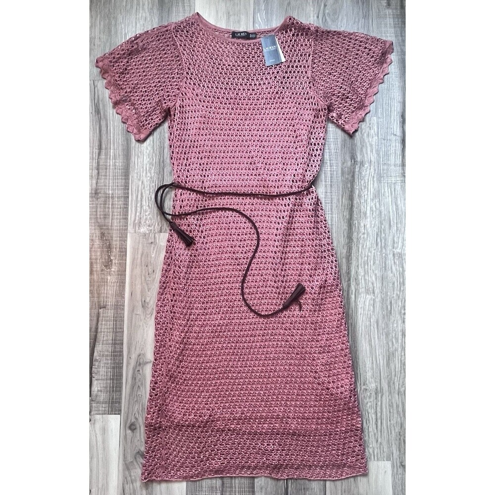 NWT $245 Lauren Ralph Lauren 2X Linen Blend Pointelle Crochet Knit Belted Dress